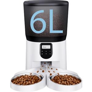 Automatic Cat Feeders for 2Cats, 6L/25cup Automatic Cat Food Dispenser with 2 Stainless Pet Bowls,10s Meal Call Timer Setting 20 Portions 6Meals Per Day, Timed Pet Feeder for Cats Dog Indoor Dry Food