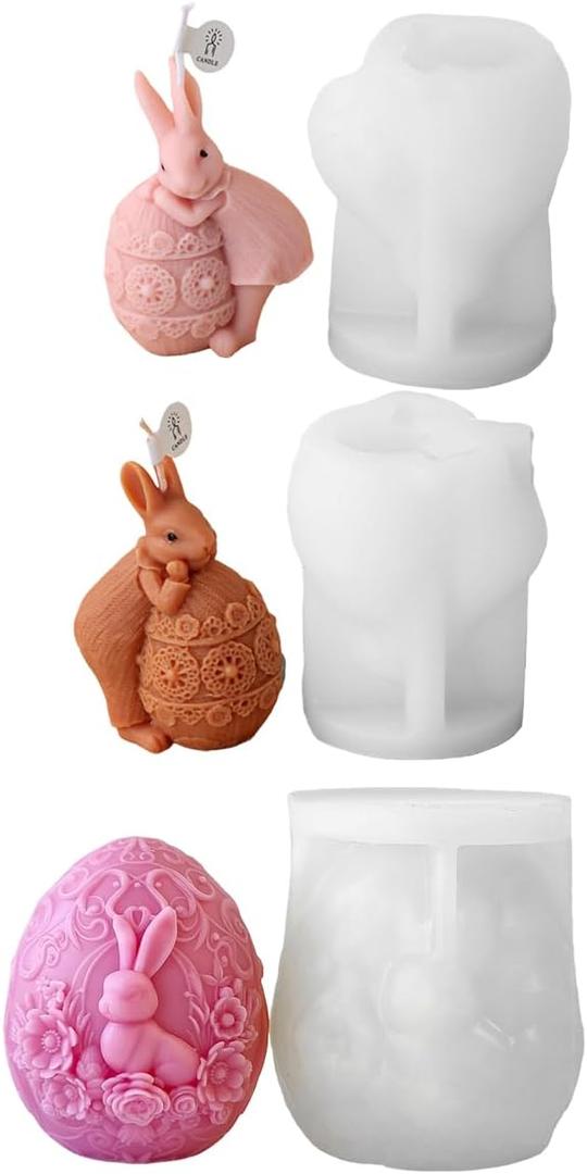 Easter Bunny Egg Silicone Candle Mold, 3D Rabbit with Decorative Egg Design, DIY Aromatherapy Candle Making Mold Set