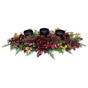 Svndlyn Christmas Candle Holder Xmas Decorations 3 Candle Holders with Burgundy Roses Golden Berries Pine Needles Long Floral Candelabra for Dining Table Mantle and Fireplace Decor