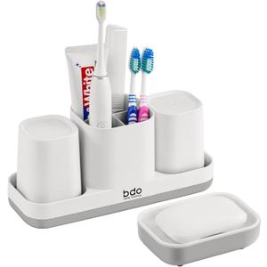 VITVITI Toothbrush Holders for Bathroom, Bathroom Organizer Storage Set with 2 Bathroom Tumblers, for Vanity Countertop/Toothpaste/Kids, 5 Compartments White + Gray Plastic