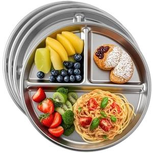 4pcs 304 Stainless Steel Kids Plates, 9"Non-Toxic Circular Portion Control Plate, Suitable For Children To Use, Portion Plates For Weight Loss Adults, Reusable, Non-Toxic, Anti Drop, And Dishwasher Safe