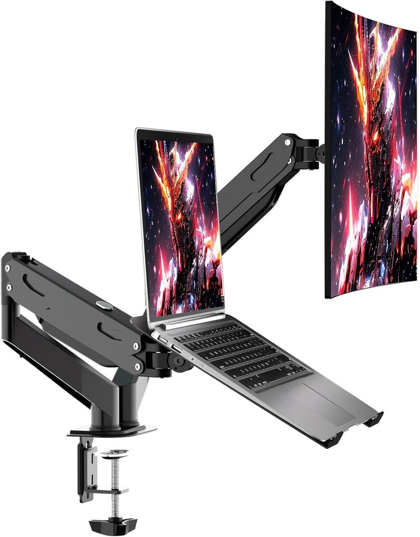 Pholiten Monitor and Laptop Mount for Max 32 Screen and 17 Notebook, Dual Monitor Mount Holds up to 22lbs,Laptop Tray Stand with Gas Spring Arm