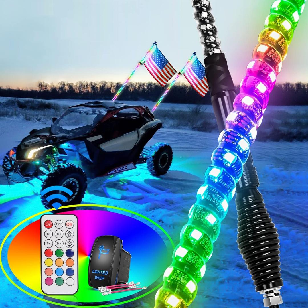 Nilight 2PCS 6FT Spiral RGB Led Whip Light with Spring Base Chasing Light RF Remote Control Lighted Antenna Whips for Can-Am ATV UTV RZR Polaris Dune Buggy Offroad Truck