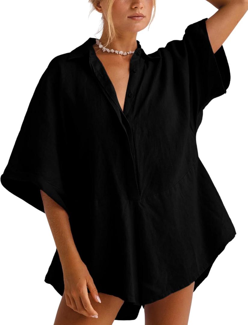 Women One Piece Jumpsuit V-Neck Half Button Collared Rompers Short Sleeve Onesie Playsuit Loose Overalls for Summer (Large, Black)
