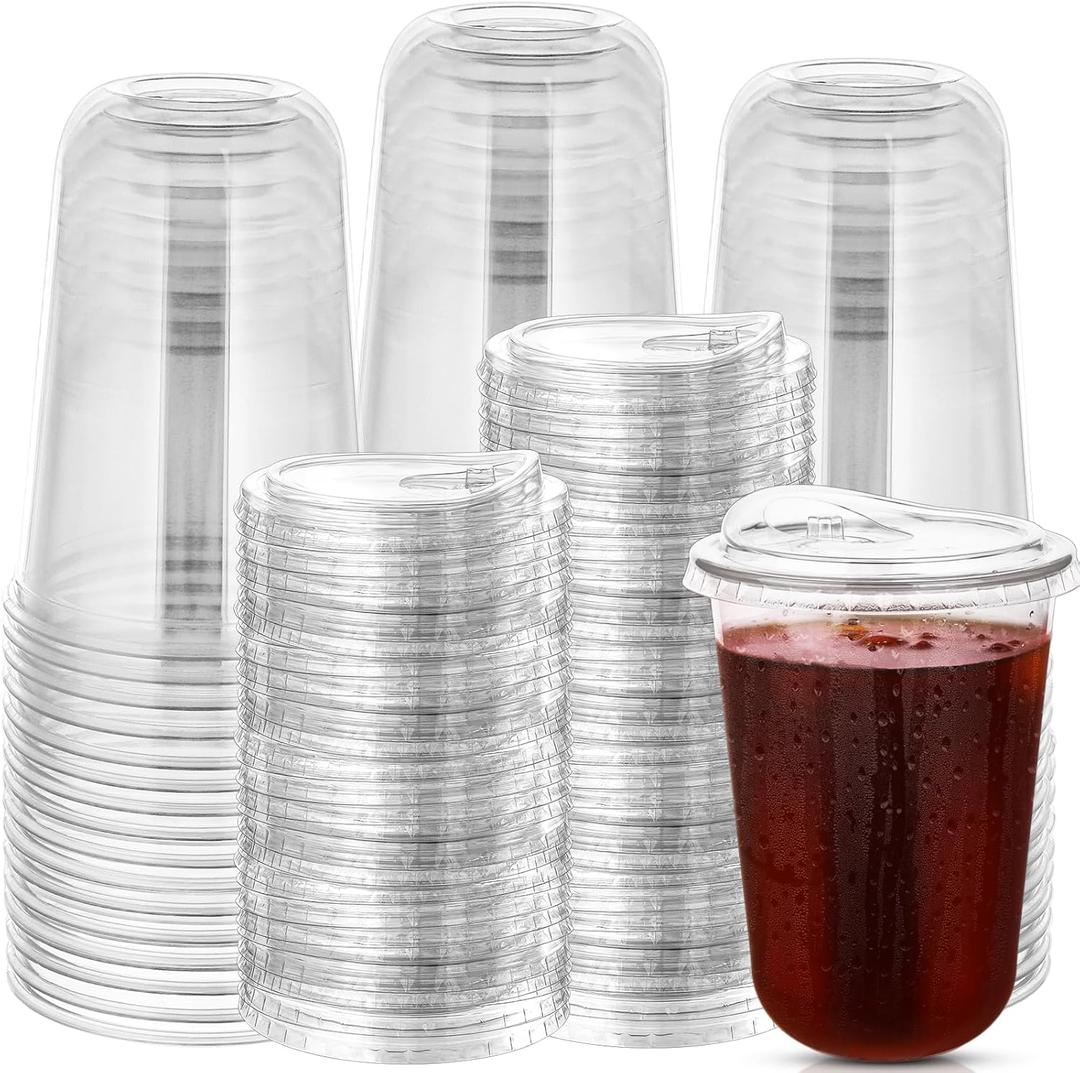 100 Sets Disposable Stemless Glasses With Strawless Sip Lids,PET Drinking Cups,Clear Plastic Coffee Cup for Iced Coffee, Smoothie, Cold Beverage, Drink Shop and Christmas Party Supply (Clear, 16 oz)