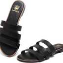 Women's Flat Sandals Dressy Open Toe Round Toe Slide Sandals Comfortable Casual Beach Slip on Slippers for Summer (Black)