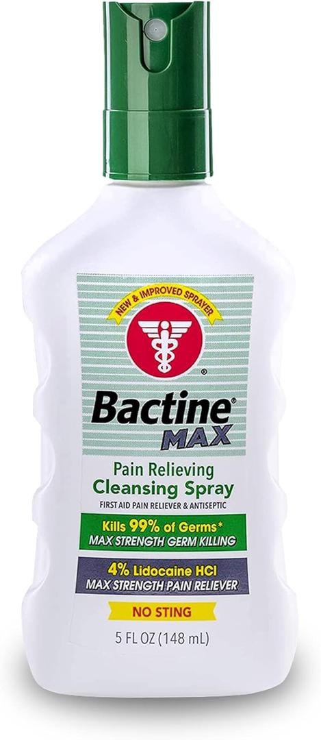 Bactine MAX First Aid Spray - Pain Relief Cleansing Spray with 4% Lidocaine - Numbing Lidocaine Kills 99.9% of Germs - Pain + Itch Relief For Minor Cuts & Scrapes, Burns & Bug Bites - 5oz (5 Fl Oz (Pack of 1))