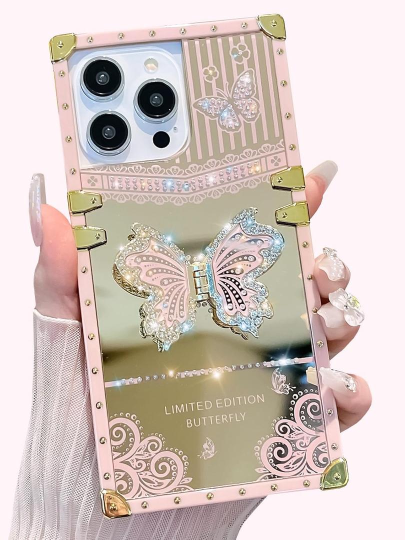 Cute Compatible with iPhone 16 Pro Case,Luxury Bling Butterfly with Foldable Stand Kickstand for Women Girls,Glossy Mirror Shockproof Protective Case for 16 Pro - 6.3(Pink)