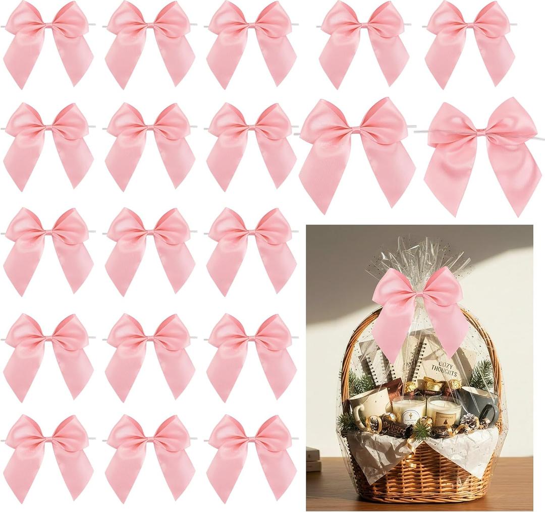 24 PCS Pink Bows 5" Pre-Tied Twist Tie Bows Baby Pink Satin Ribbon Bow for Gift Wrapping Candy Treat Bags Crafts Baby Shower Birthday Party Favors Wedding Decor