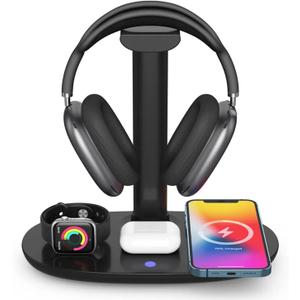 4 in 1 Wireless Charger with Headphone Stand Headset Holder & Station Dock for Apple Watch, AirPods Max/Pro/Pro 2/AirPods 4/ iPhone 16/15/14/13/12 LG, Samsung Galaxy, Huawei (Black)