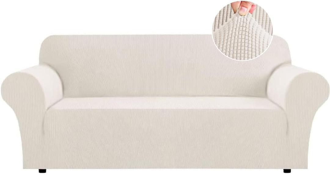 Flamingo P High Stretch Sofa Slipcover Non Slip Couch Cover for 3 Cushion Couch Washable Pet Furniture Protector Covers with Elastic Bottom, Thick Jacquard Fabric (Large, Ivory)