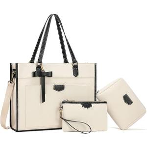 Keyli 3pcs Laptop Bag for Women,15.6 Inch Canvas Tote Bag Work Bags Large Business Computer Briefcase Shoulder Handbag Purse, Color: White_3pcs