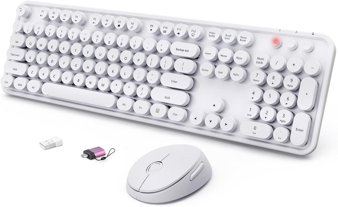 Wireless Keyboard and Mouse Combo, Ergonomic Full Size Typewriter Retro Round Keycaps Keyboard, Compatible with Windows, PC, Perfer for Home and Office Keyboards（White）