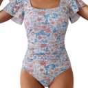 Eomenie Women's Tummy Control One Piece Swimsuit Ruffle Square Neck Bathing Suit Ruched Cutout Back Slimming Swimwear, S