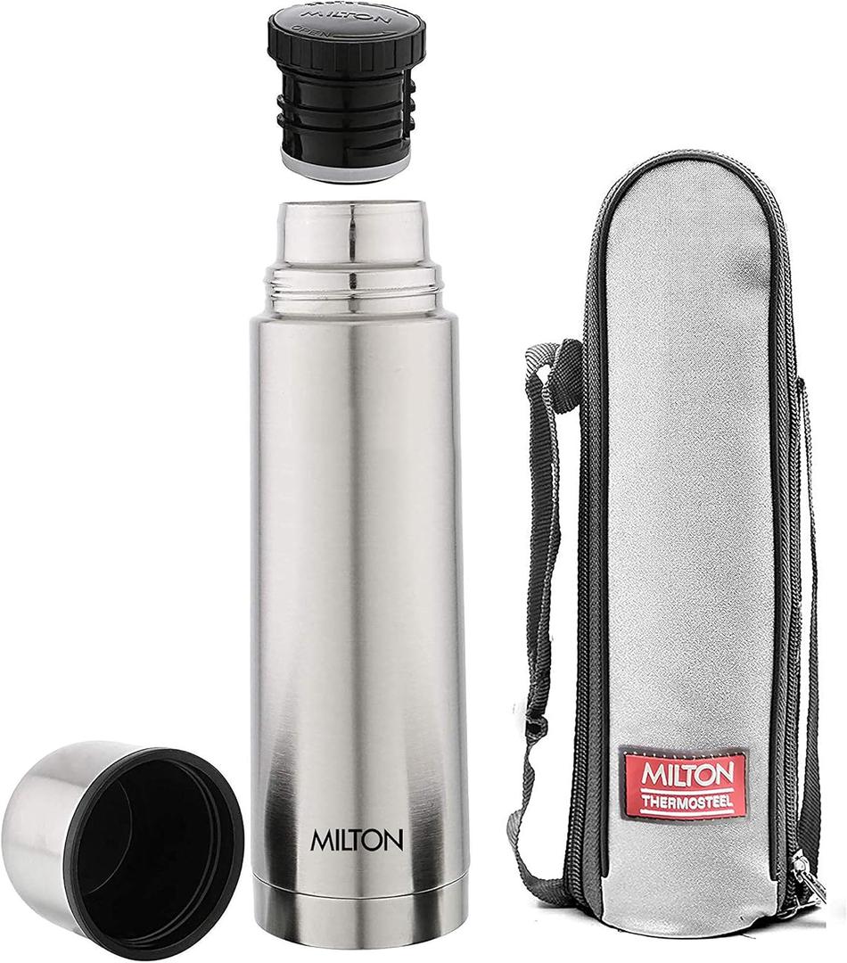 Milton Thermosteel Plain Lid 1000, Double Walled Vacuum Insulated Thermos 1000 ml 34 oz 1 Ltr 24 Hours Hot and Cold Water Bottle with Cover, Stainless Steel, BPA Free,Leak Proof Silver