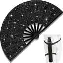 13" Large Folding Rave Fan with Holster, Clack Hand Fans Foldable for Line Dancing for Women Men Festival EDM Party Decoration, Glitter Black