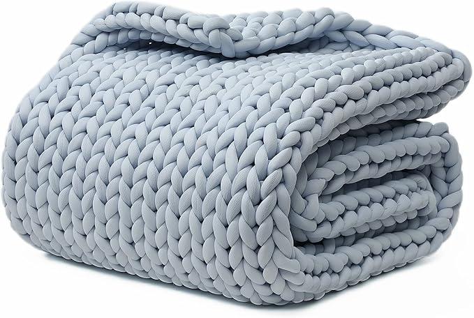 YnM Velvet Weighted Blanket, Handmade Chunky Knitted Design, Soft and Cozy, Temperature Regulating and Breathable, Machine Washable Throw for Sleep or Home Decor (Blue, 60x80 Inch, 15lbs)