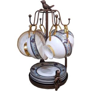 Coffee Mug Tree, Coffee Cup Holder for Countertop with 6 Hooks, Tea Cup Holder with Small Storage Area Metal Mug Rack Display for Counter Top Kitchen Organizer,Bronze