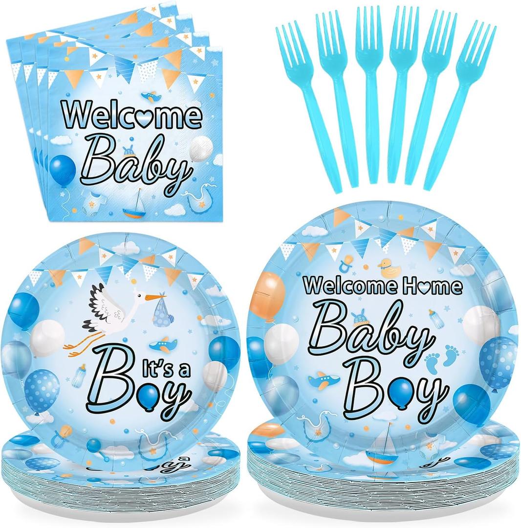 96Pcs Welcome Home Baby Boy Party Decorations Welcome Baby Boy Birthday Plates and Napkins Tableware Sets for Boys Baby Shower Gender Reveal Newborn Birthday Party Supplies Serves 24