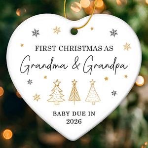 2 x ZAGKOO First Christmas as Grandma and Grandpa Ornament 2025 - Baby Due in 2026 Ornament - New Grandparents Promoted to Grandparents Pregnancy Announcement Ceramic Heart Ornaments