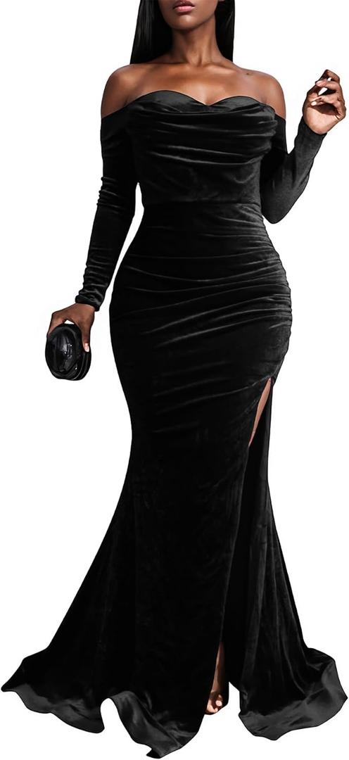 Vakkest Women Off The Shoulder Formal Dresses Long Sleeve Evening Party Velvet Maxi Dress High Split Cocktail Gowns (Black, XL)