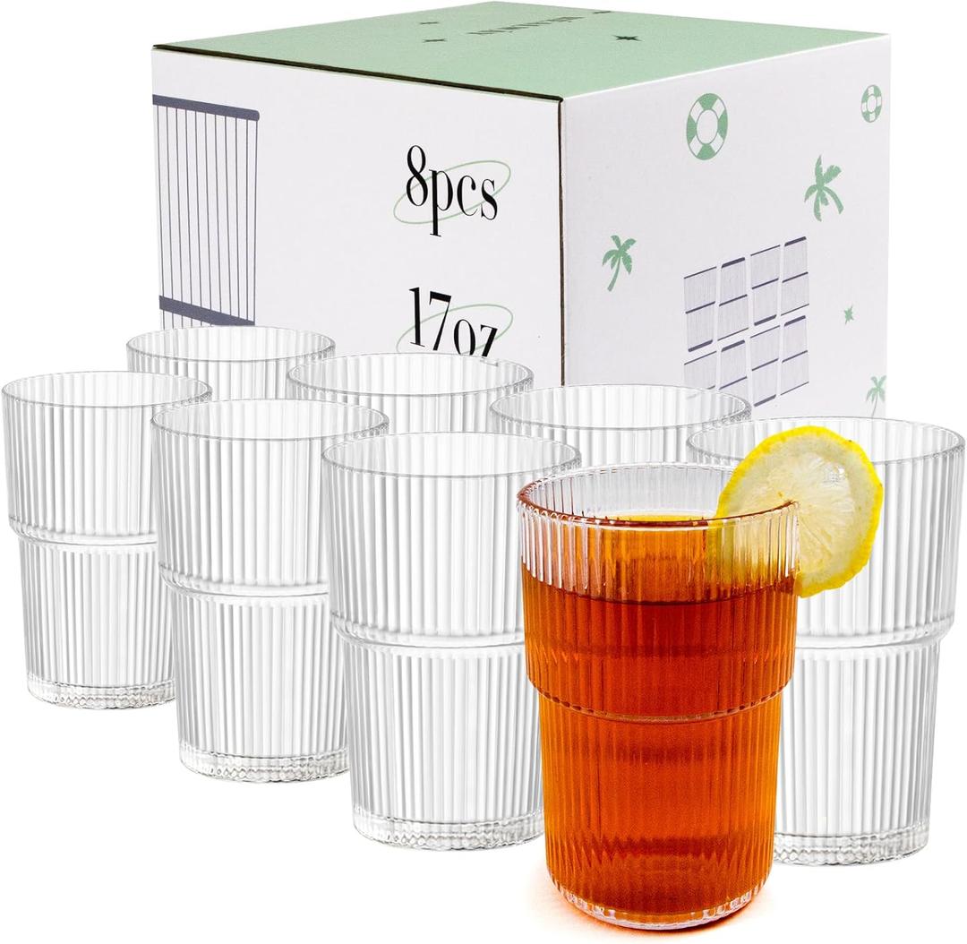 17oz Shatterproof Ribbed Glasses, Plastic Tumblers for Poolside  Clear Acrylic Cups, Stackable & Reusable, Dishwasher Safe Drinkware  Set of 8