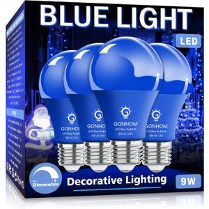 4 Pack A19 LED Blue Light Bulb,9 Watt Blue Lights Equivalent 100 Watt Colored Light Bulbs,E26 Base LED Lights for Party Decoration, Holiday Lighting,Halloween Light Bulbs