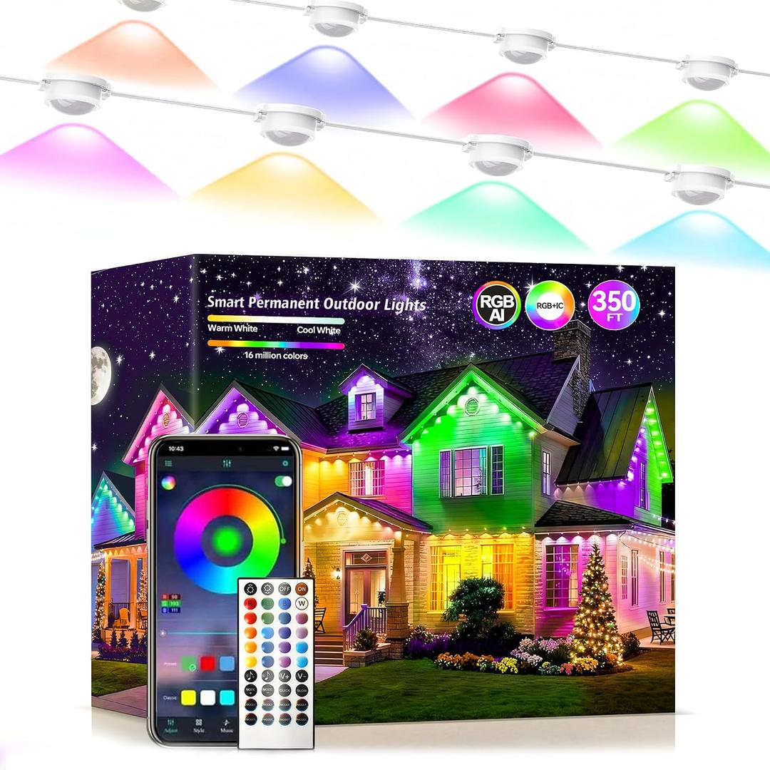 Permanent Outdoor Lights 350ft RGB+IC Outdoor String Lights App Control IP67 Waterproof,120 Scene Modes Decorations for Home, Christmas Lights,Halloween,Holiday, Daily,Birthday,Party( 175ft*2pack)
