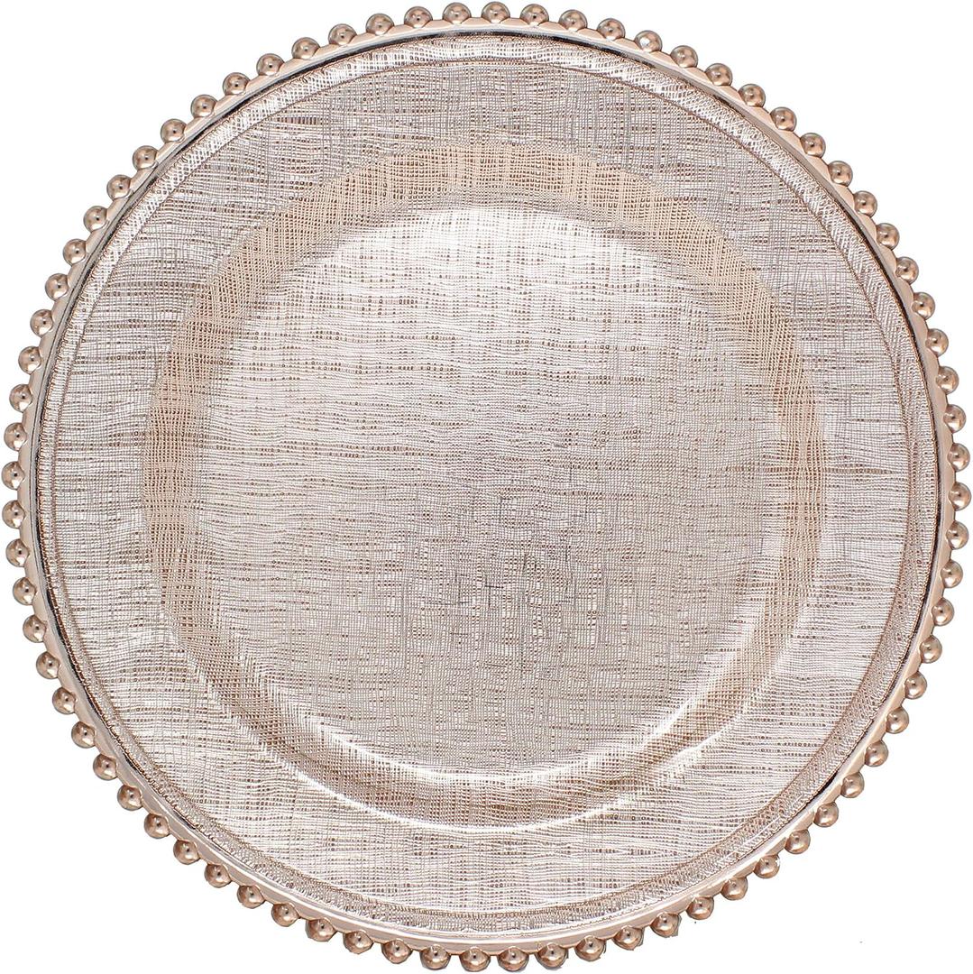 Ms Lovely Cross-stitch Pattern Glass Charger 12.6 Inch Dinner Plate With Beaded Rim - Set of 4 - Rose Gold Color Ms Lovely Cross-stitch Pattern Glass Charger 12.6 Inch Dinner Plate With Beaded Rim - Set of 4 - Rose Gold Color