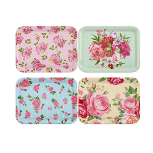 4 Pcs Melamine Serving Trays Platters Snack Trays Reusable Rectangle Platters for Sports Game Day Flower Tea Party Food Dessert Cookies Serving Plates Supplies, 13 x 9.7 Inch(Flower)