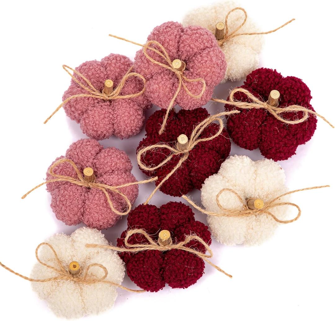 Fake Fall Pumpkin Decorations for Home, 9 Pcs Artificial Mini Fabric Pumpkins Autumn Decor, Fake Pumpkins for decorating, Fall Table Centerpiece Harvest Decor, Halloween, Thanksgiving, Burgundy & Pink (#1 Burgundy Set of 9)