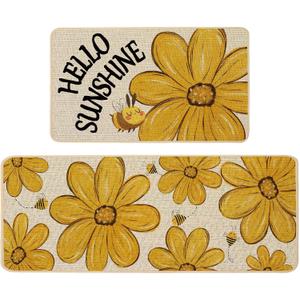 Baccessor Summer Kitchen Mats Set of 2, Sunflower Bee Daisy Floral Kitchen Rugs for Floor Hallway Laundry Sink Non Slip Low-Profile Seasonal Home Decor 17x29 and 17x47 Inch