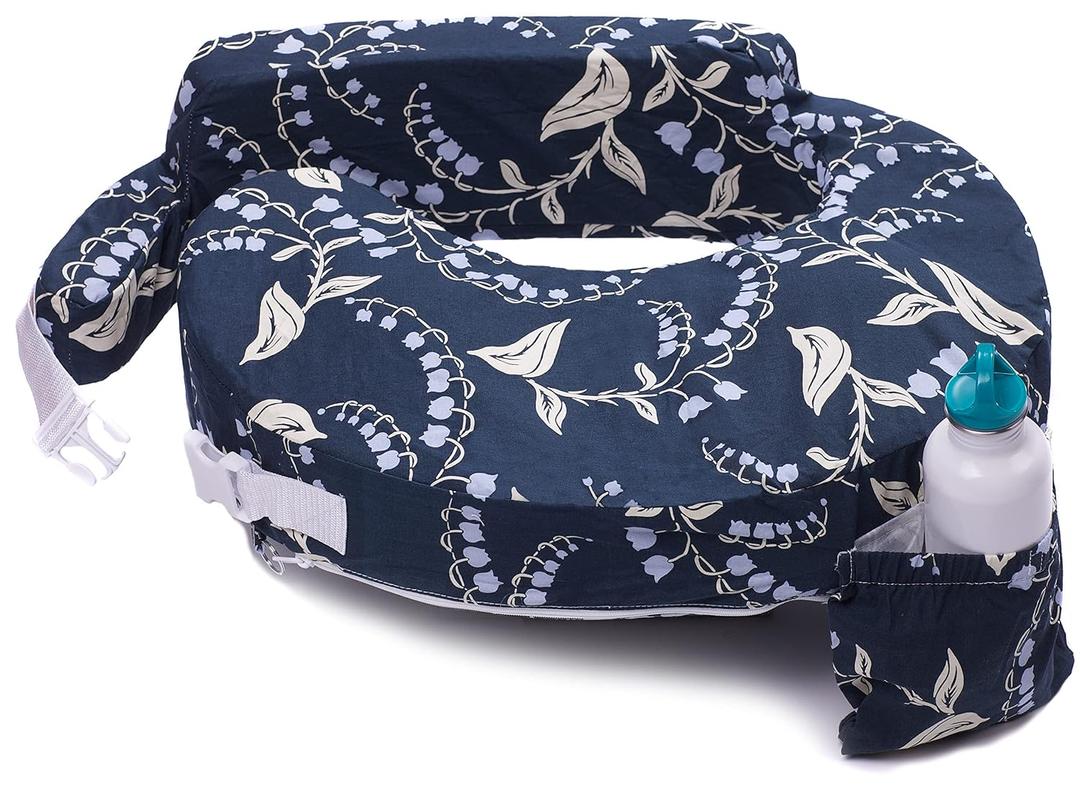 My Brest Friend Original Nursing Pillow Enhanced Ergonomics Essential Breastfeeding Pillow Support For Mom & Baby W/ Convenient Side Pocket, Double Straps & Slipcover, Navy Bluebells