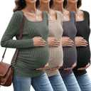 4 Pack Women's Maternity Ribbed Shirts Long Sleeve Square Neck Sweaters Casual Slim Side Ruched Pregnancy Clothes (Army Green, Light Coffee, Dark Gray, Black)