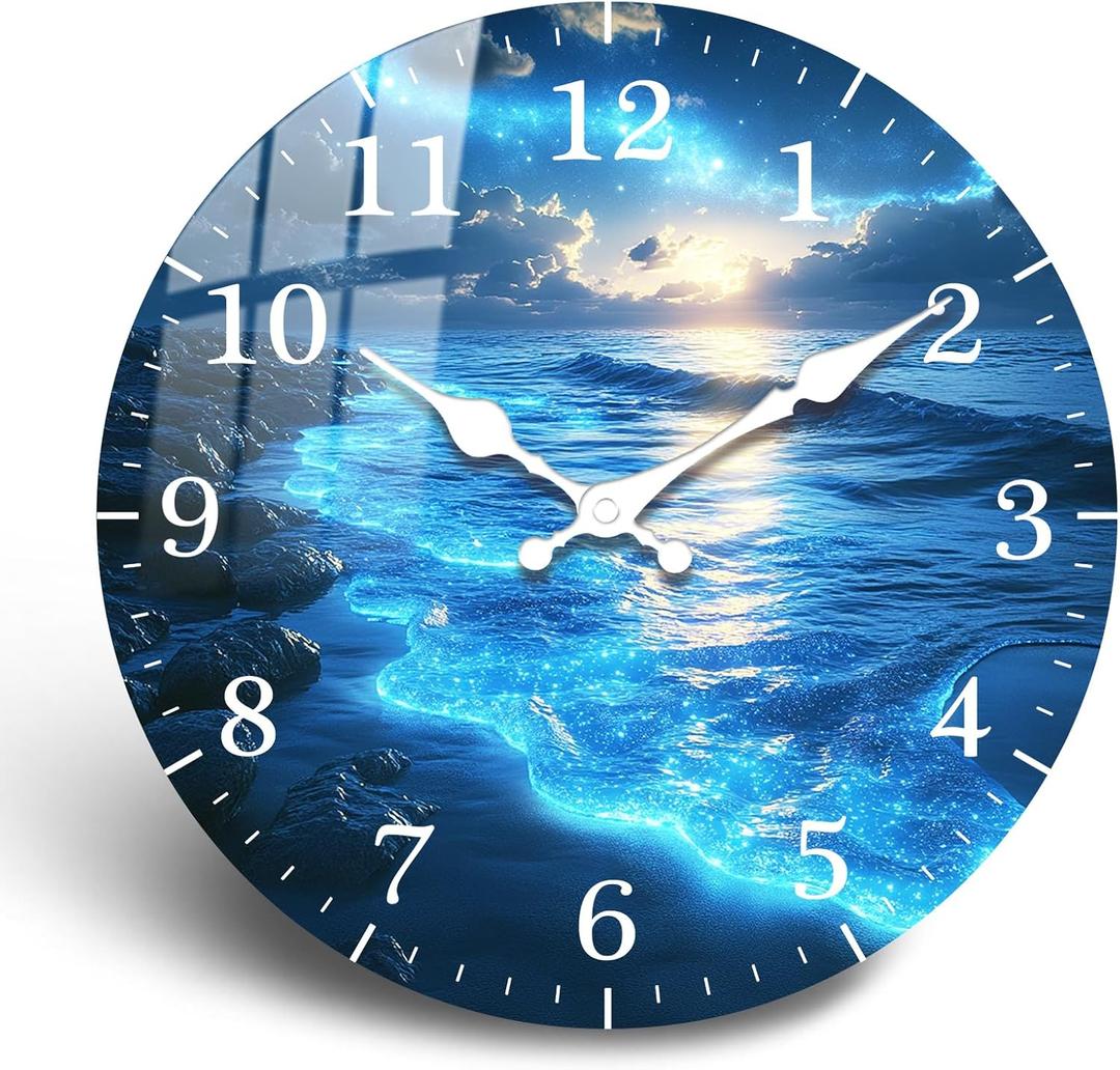 Coastal Wall Clock Battery Operated 10 Inch Beach Wooden Wall Clocks Silent Non Ticking Round Analog Clock for Bedroom Office Bedroom Kitchen Decor (Blue Ocean)