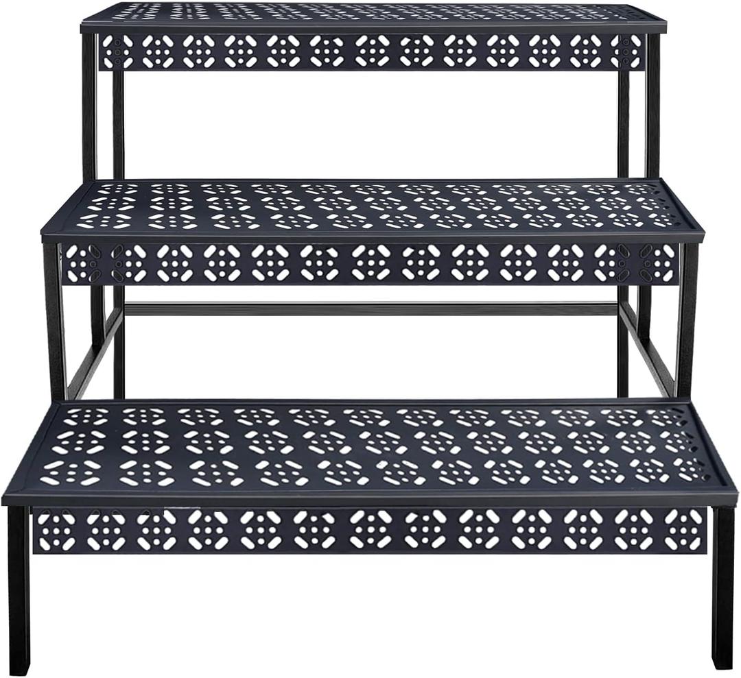 3 Tiers Metal Plant Stand,Rectangular Ladder Flower Pots Outdoor, Indoor Plant Display Rack, Heavy Duty Utility Storage Organizer for Home Garden Patio Balcony, Stair Style  27.5"L x 23.6"W x 23.6"H