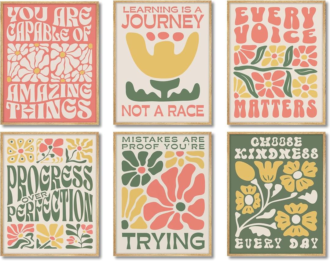 6 Piece Boho Positive Affirmation Wall Art - Motivational Quotes Decor for Bedroom, Living Room & Office - Retro Floral Typography Posters with Unframed, You Are Capable Inspirational Wall Decor