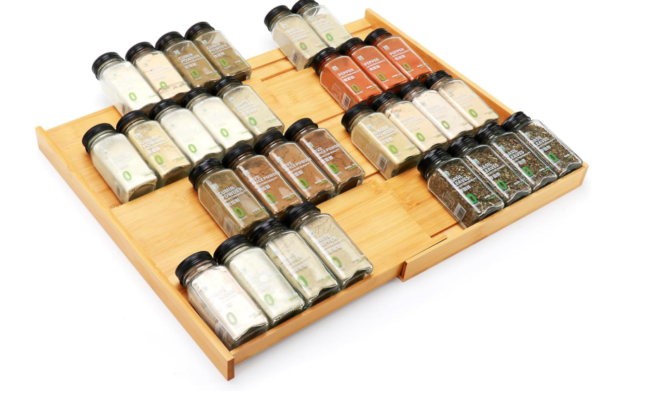 Thalomely Bamboo Spice Drawer Organizer, (Need 3.1” Deep Drawer) Expandable 4 Tier Spice Rack for Cabinet (From 12" to 23" Wide), Seasoning Storage Insert, Spice Organizer for Drawer,Jars Not Included