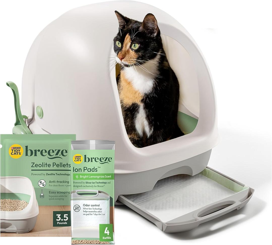 Purina Tidy Cats Hooded Litter Box System, BREEZE Hooded System Starter Kit Litter Box, Litter Pellets & Pads Purina Tidy Cats Hooded Litter Box System, BREEZE Hooded System Starter Kit Litter Box, Litter Pellets & Pads