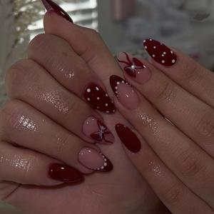 Valentine's Day Press on Nails Short Almond Red Fake Nails Press ons Polka Dot Bow False Nails Glue on Nails Reusable Nail Tips Kit Glossy Full Cover Stick on Nails for Women Girls 24Pcs