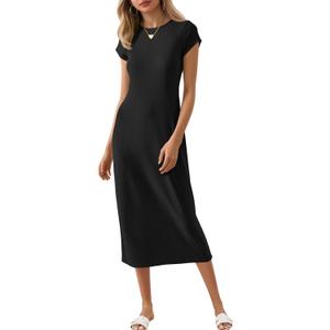 Wenrine Women's Short Sleeve T-Shirt Dress Summer Crew Neck Basic Solid Casual Long Midi Dresses, Medium