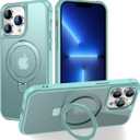 Magnetic Compatible with iPhone 13 Pro Max Case with Stand [Military Grade Drop Tested][Compatible with Magnet] Ring Translucent Slim Hard Back Soft Edge, Teal Green
