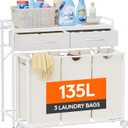 Lifewit Laundry Hamper 3 Section, Large Rolling Laundry Sorter with Shelf & 2 Drawers, Pull-Out Laundry Basket Organizer with Wheels and Removable Bag, White and Beige