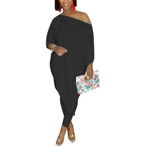 MESLIMA Women's Casual Loose Solid Off Shoulder Irregular Hem Top Elastic Waist Skinny Stretchy Long Pant Jumpsuit (X-Large, B-black)
