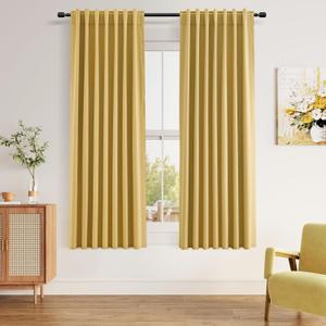 Guken 100% Blackout Curtains 63 Inch Length 2 Panels Set for Living Room Bedroom Back Tab Thermal Insulated Black Out Linen Drapes Room Darkening Window Curtains 63 Inches Long,Gold