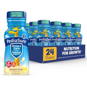 PediaSure Grow & Gain with Immune Support, 27 Vitamins & Minerals for Kids, 7g Protein, Non-GMO, Gluten-Free, Banana, 8-fl-oz Bottle, Pack of 24 (EXP 05/01/27)