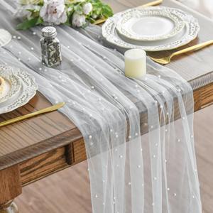 Artoid Mode Pearl Gauze Table Runner 120 Inch 10FT, Seasonal Sheer Dining Holiday Wedding Birthday Baby Shower Table Decor for Home Party (28" x 120", White)