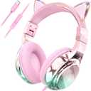 QearFun Kids Cat Ear Headphones with USB C for Girls with Microphone, 85/94dB Safe Volume Limiter, Tangle-Free Cord, Share Port, Foldable Sparkly Wired Headset for School, Travel, Tablet, iPad