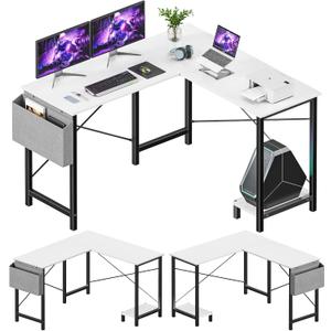 Sweetcrispy L Shaped Computer Desk - Gaming Corner 50 Inch PC White Writing Study Student Table with Wooden Desktop CPU Stand Side Bag Reversible for Home Office Room Small Space, Black