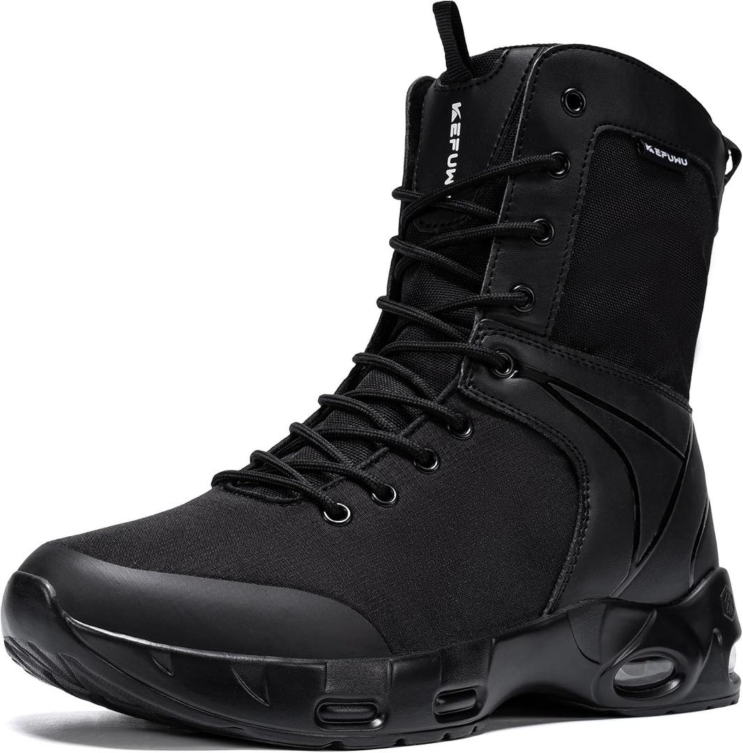 KEFUWU Military Tactical Boots Men Wide Toe 8 Inches Lightweight Durable Side-Combat Boots Work Hiking Non Slip Cushion Boots(8.5 Men,Black)